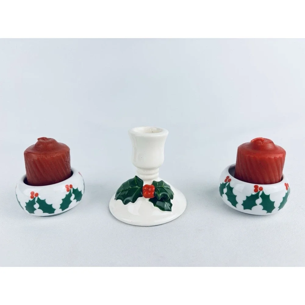 Vintage Holly Ivy‎ Taper Candlestick Holders Christmas Decor - Lot Of 3 -